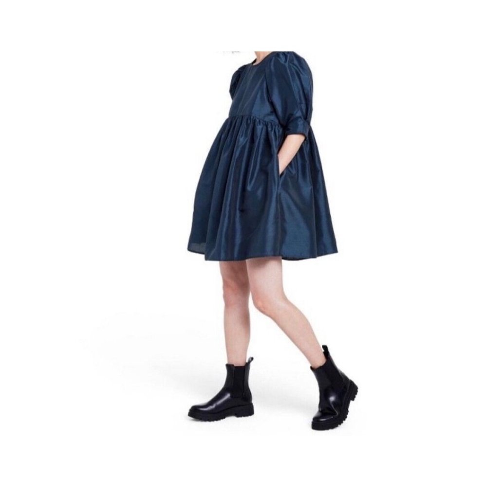 Kika Vargas Navy Puff-Sleeve Mini Dress
